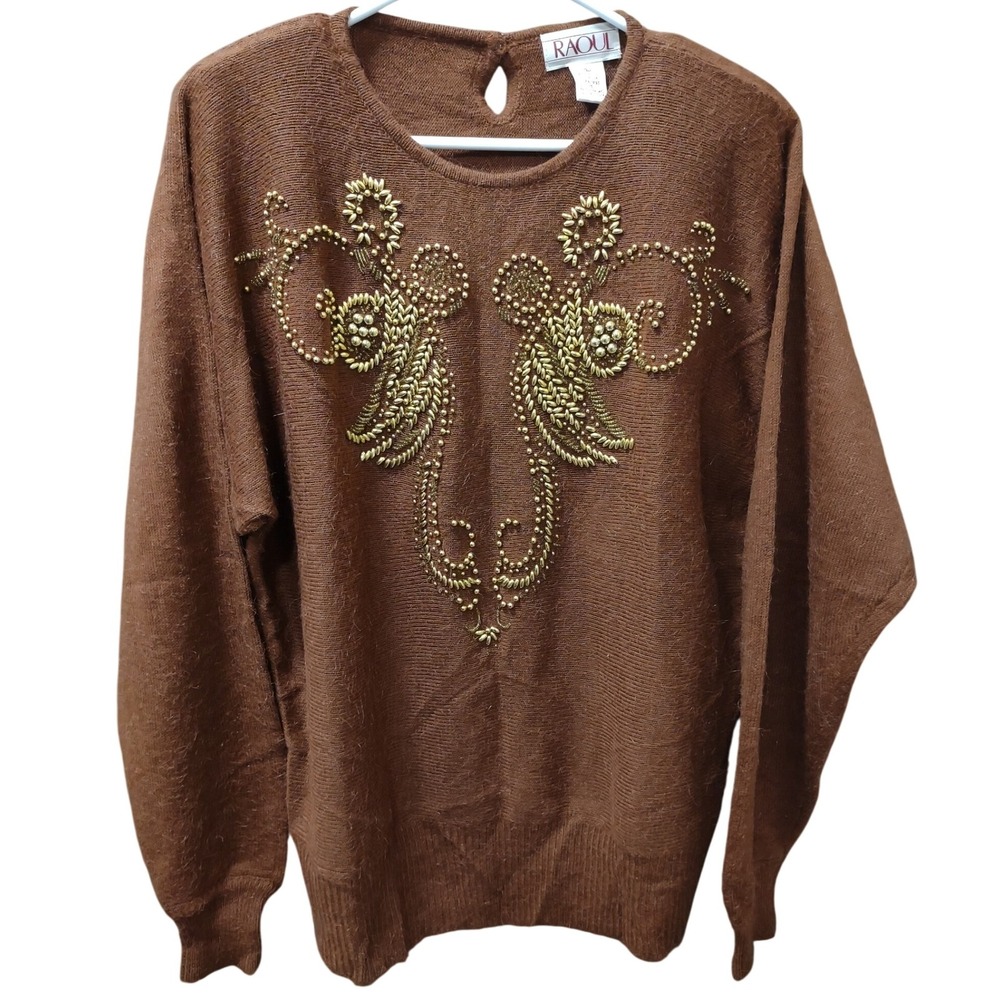 Vintage Raoul Sweater Brown Beaded Embellished Crew Neck Long Sleeve‎ Womens L